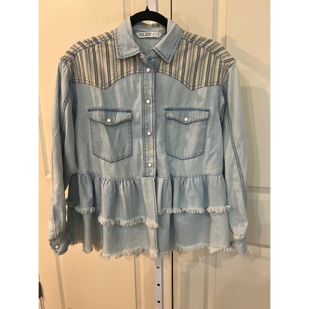 Zara Basic  Denim Western Ruffle Hem Shirt Light Wash Blue XS